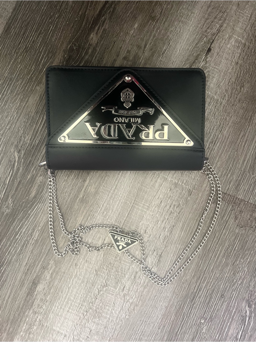 Prada Black Leather Crossbody with Silver Chain and Logo Plaque - Picture 2 of 8